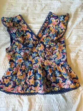 Nanette Lepore Navy Floral Ruffle V-Neck Peplum Top